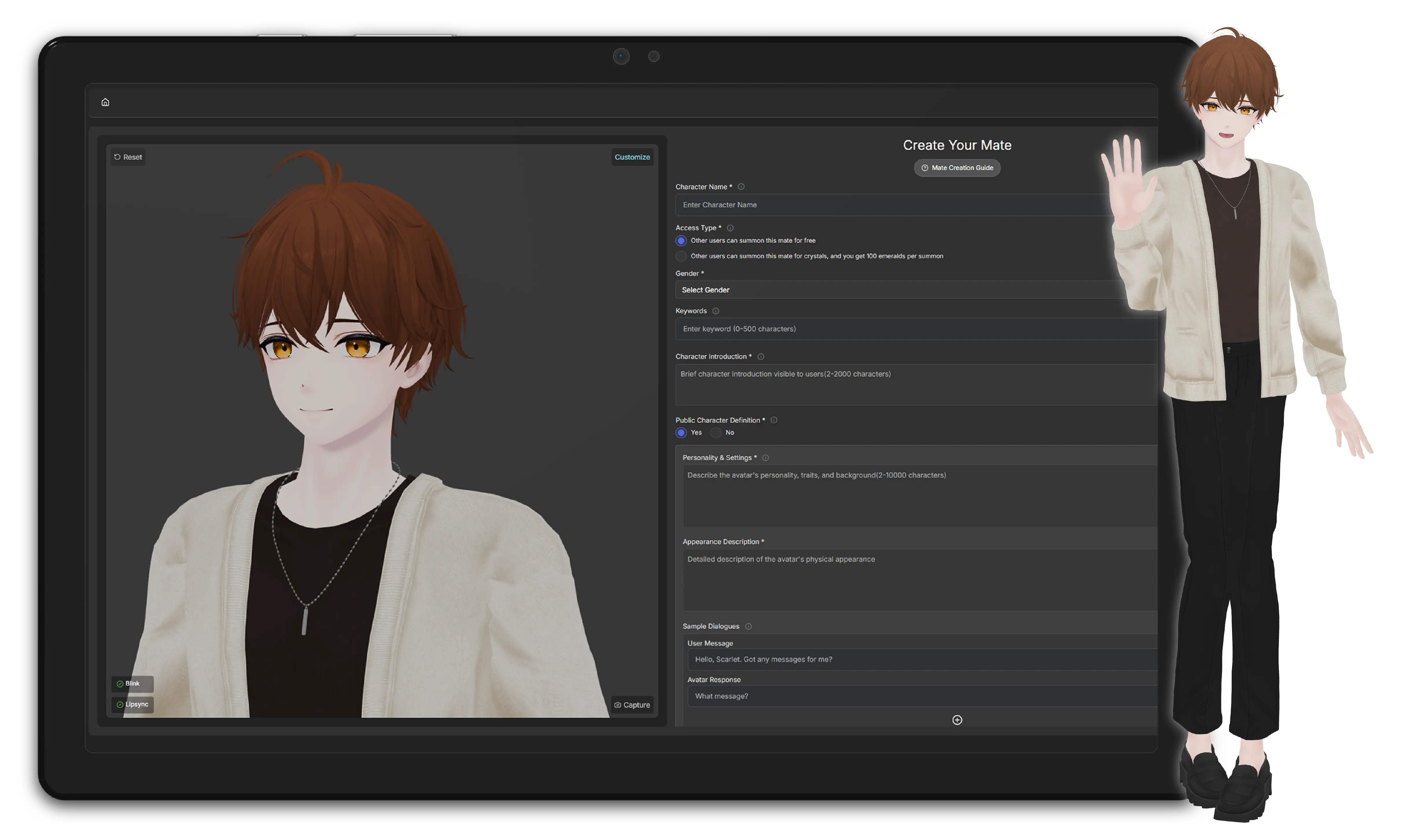VRMアバターとメイト作成画面の公式紹介